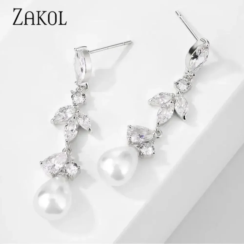 Cubic Zirconia Water Drop Pearl Dangle Bride Earrings - Picture 2 of 3